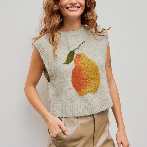 KNIT WOOL-BLEND ROUND NECKLINE PEAR GRAPHIC VEST Women's Small - Picture 8 of 11